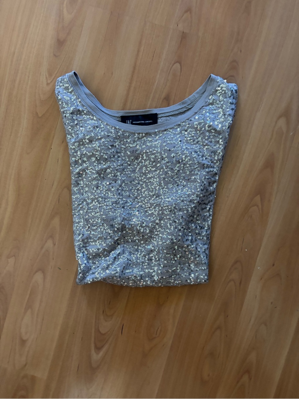INC International Concepts Silver Sequin Short Sleeve Tee